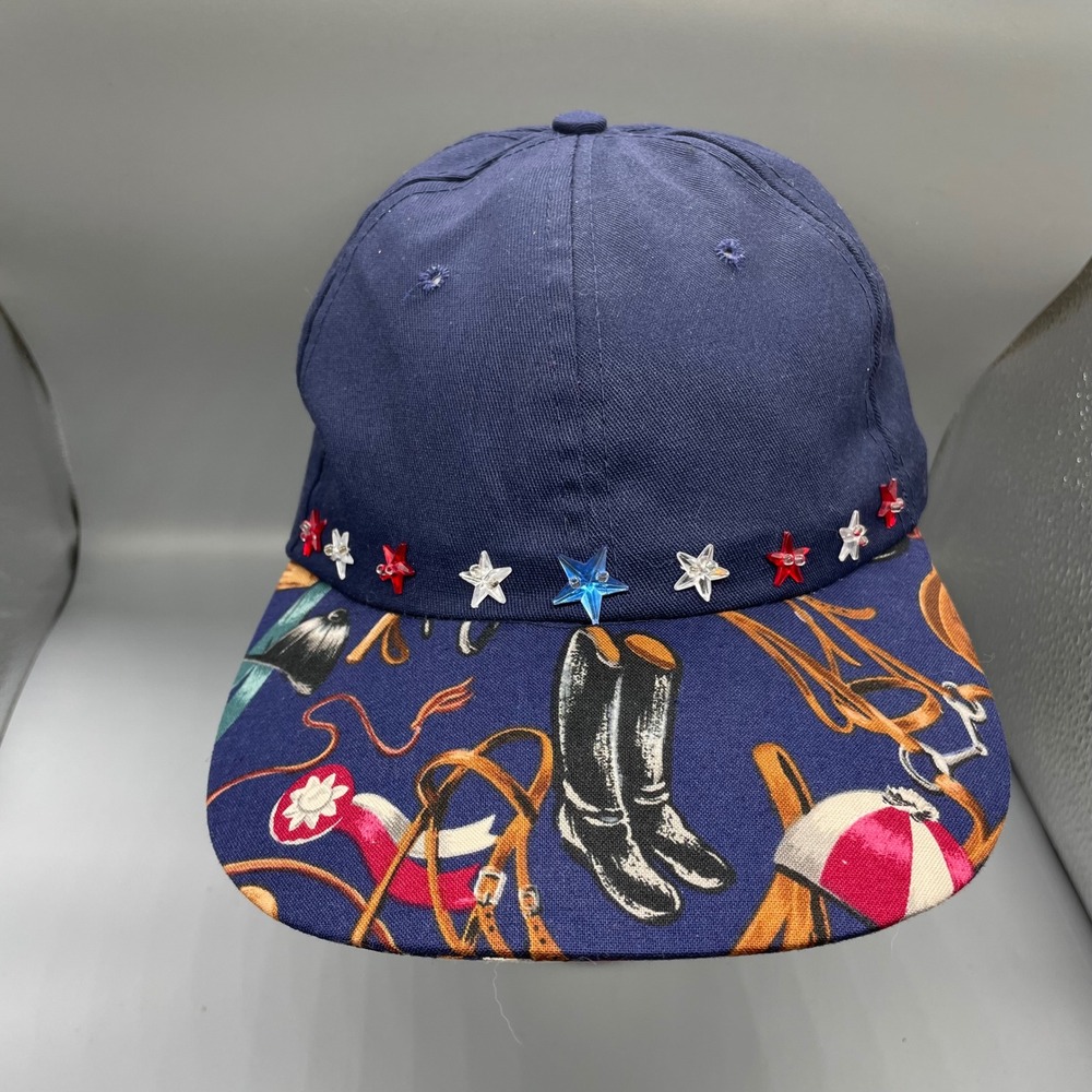 Vintage Navy Equestrian Print Baseball Cap Star Studded Made in USA Snapback